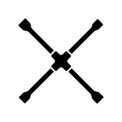 Wheel crossed wrench icon. Car instrument. Black silhouette. Front side view. Vector simple flat graphic illustration. Isolated object on a white background. Isolate.