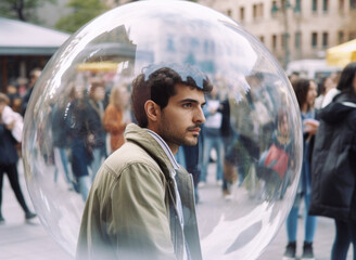Young man inside a transparent bubble on a crowded city street. Depiction of modern isolation and filter bubble of social media. Made with generative AI