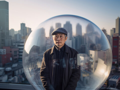 Middle-aged japanese man inside a transparent bubble with a large city behind him. Depiction of modern isolation and filter bubble of social media. Made with generative AI