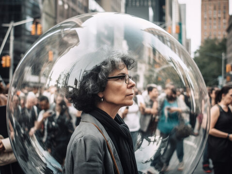 Middle-aged woman inside a transparent bubble on a city street. Depiction of modern isolation and filter bubble of social media. Made with generative AI