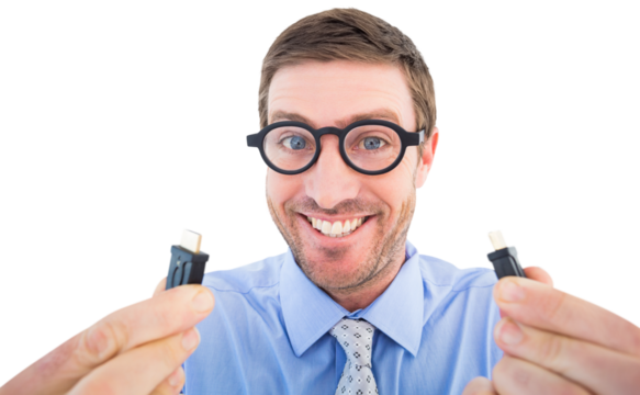 Geeky businessman holding two cables - Powered by Adobe