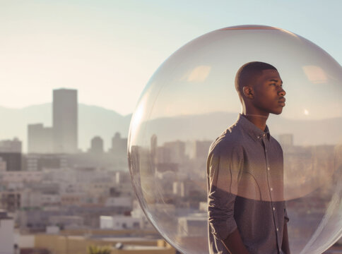Young Afrucab man inside a transparent bubble with a large city behind him. Depiction of modern isolation and filter bubble of social media. Made with generative AI