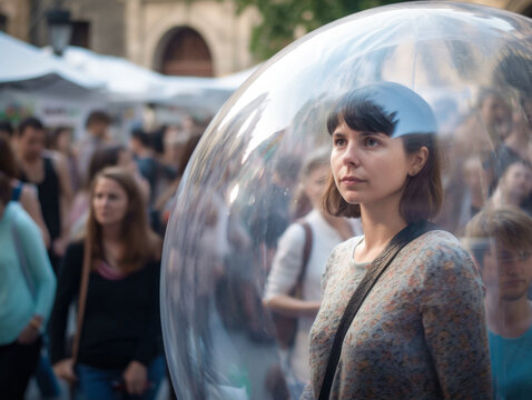 Young woman inside a transparent bubble on a crowded European city street. Depiction of modern isolation and filter bubble of social media. Made with generative AI