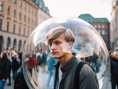 Young man inside a transparent bubble on a crowded European city street. Depiction of modern isolation and filter bubble of social media. Made with generative AI