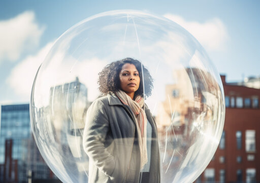 Middle-aged black woman inside a transparent bubble on a city street. Depiction of modern isolation and filter bubble of social media. Made with generative AI
