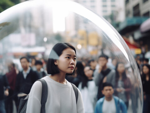 Young Asian woman inside a transparent bubble on a crowded city street. Depiction of modern isolation and filter bubble of social media. Made with generative AI