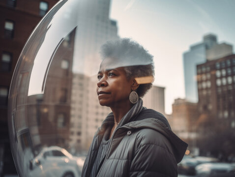 Old black woman inside a transparent bubble on a city street. Depiction of modern isolation and filter bubble of social media. Made with generative AI
