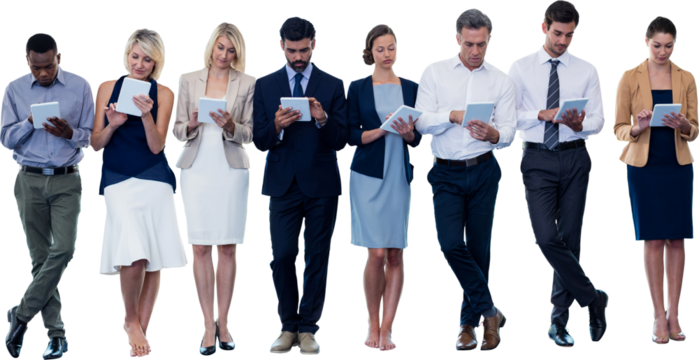 Business people using tablet computer against white background