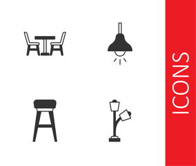 Set Floor lamp, Table with chair, Chair and Lamp hanging icon. Vector