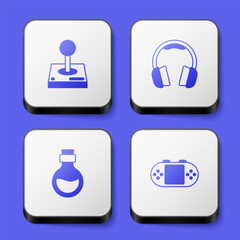 Set Joystick for arcade machine, Headphones, Bottle with magic elixir and Portable video game console icon. White square button. Vector