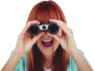Smiling hipster woman looking through binoculars