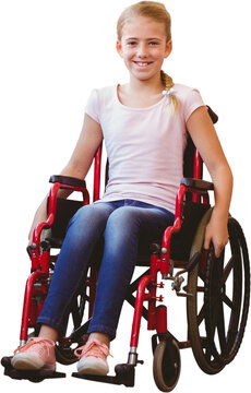 Girl sitting in wheelchair in school corridor