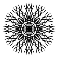 Modern circular rosette style geometric shapes symmetrical pattern design element in black color on transparent background 