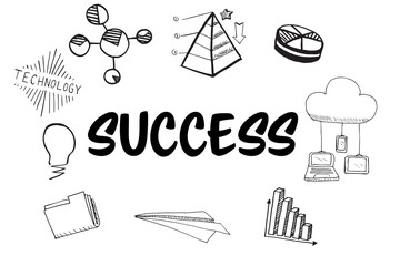 Sucess text amidst various web icons