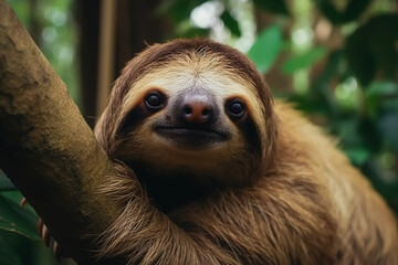 Fototapeta premium Cute sloth hanging on tree branch with funny face look. Generative AI