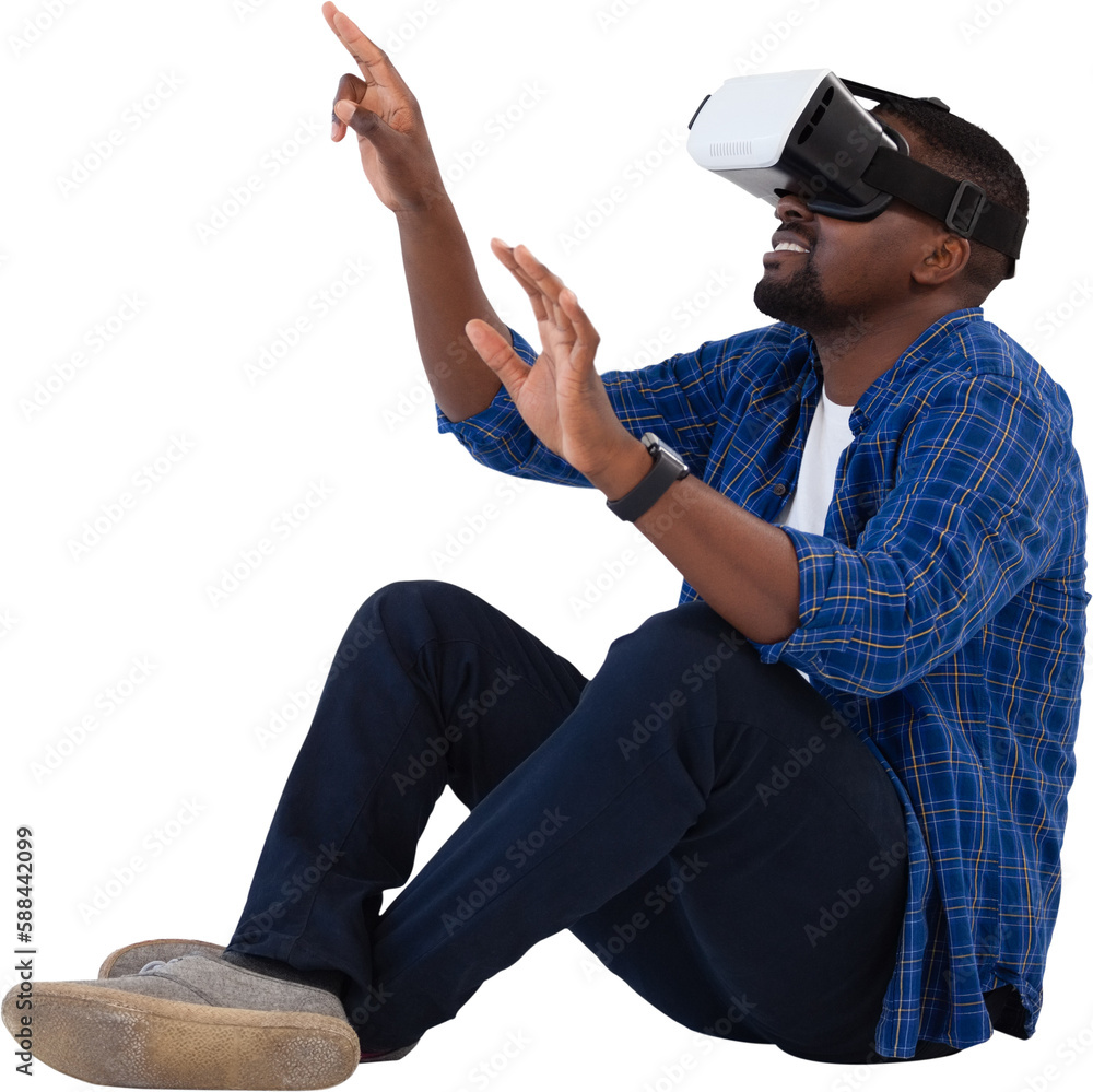 Poster man gesturing while using virtual reality headset and digital tablet