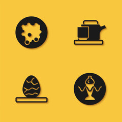 Set Rice in a bowl, Served fish on plate, Chinese tea egg and Traditional ceremony icon with long shadow. Vector