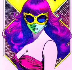 retro style high quality vecter image of 90's portrait with high nd party fashion masks and glasses