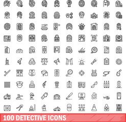100 detective icons set. Outline illustration of 100 detective icons vector set isolated on white background