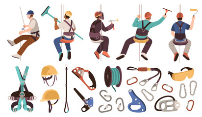 Industrial climbing equipment. Dangerous works people, windows cleaning, wall insulation, safety cables, helmets and fasteners, cartoon flat isolated illustration isolated, tidy vector set