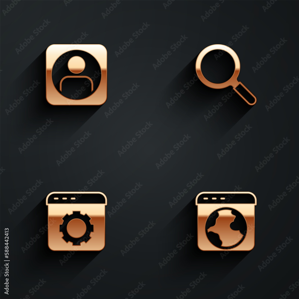 Poster set create account screen, magnifying glass, browser setting and worldwide icon with long shadow. ve