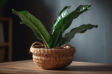 Birds Nest Fern With Wavy, Green Fronds In A Woven Wicker Pot In A Natural And Earthy Apartment. Generative AI