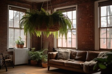 Boston Fern With Delicate Fronds In A Hanging Planter In A Rustic Farmhouse. Generative AI