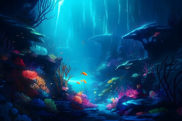Fototapeta na wymiar Underwater landscape, digital art. Generative AI