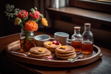 Obraz na płótnie Canvas Breakfast Tray With Pancakes And Flowers. Generative AI