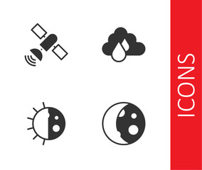 Set Moon phases, Satellite, Day night cycle and Cloud with rain icon. Vector