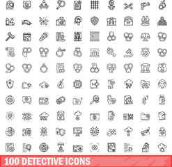 100 detective icons set. Outline illustration of 100 detective icons vector set isolated on white background