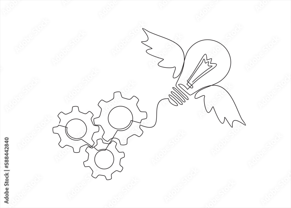 Poster continuous one line drawing of light bulb with wings and gears. creative power concept.