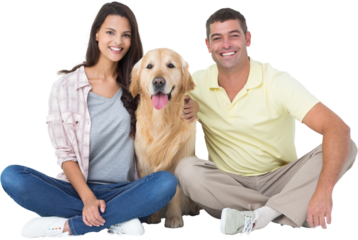 Happy couple with dog sitting over white background