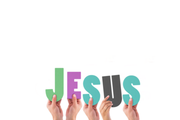 Cropped hands holding colorful word Jesus 