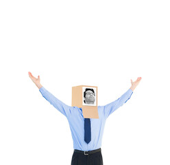 Businessman with photo box on head