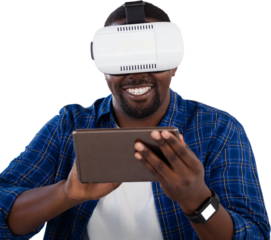 Man using virtual reality headset and digital tablet