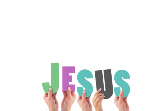 Cropped hands holding colorful word Jesus 