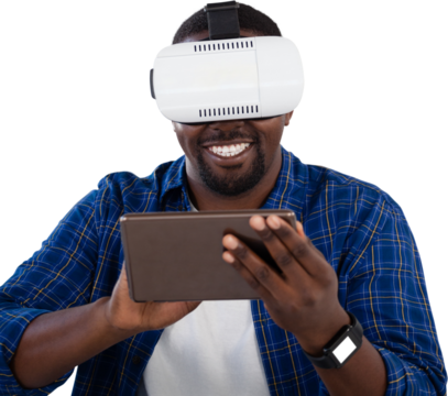 Man using virtual reality headset and digital tablet