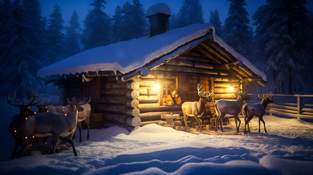 Santa's Winter Cottage in the Snow with Reindeer and Warm Lights. © Pixel AI Art Hub