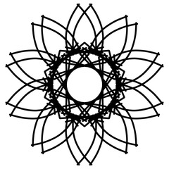 Fototapeta premium Modern geometric circular floral rosette illustration element in black color on transparent background 