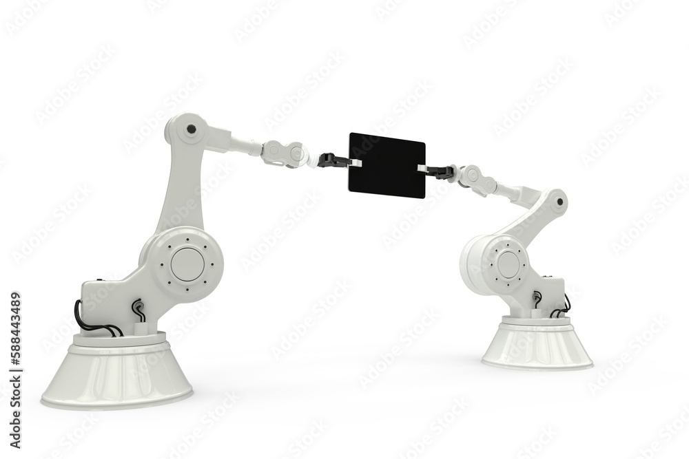 Poster composite image of robots holding digital tablet