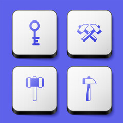 Set Old key, Crossed hammer, Sledgehammer and Hammer icon. White square button. Vector
