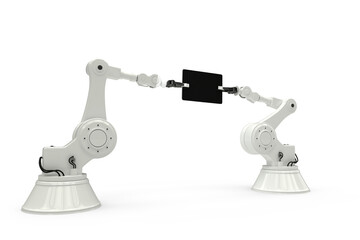 Composite image of robots holding digital tablet