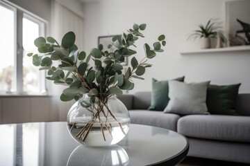 Eucalyptus With Fragrant, Silvery Leaves In A Minimalist And Sleek Glass Vase In A Contemporary And Chic Apartment. Generative AI