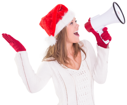 Festive blonde shouting through megaphone
