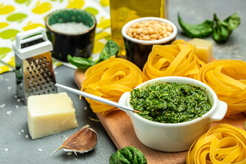 Traditional Italian pesto for making fettuccine, pasta. Restaurant menu, dieting, cookbook recipe top view