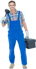 Portrait of plumber holding plunger and tool box