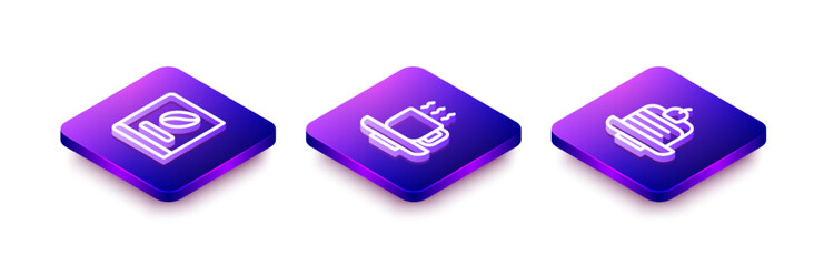 Set Isometric line Coffee book, cup and Piece cake icon. Vector