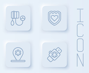 Set line Blood pressure, Immune system, Location hospital and Smart watch with heart. White square button. Vector