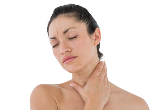 Sick brunette having throat pain